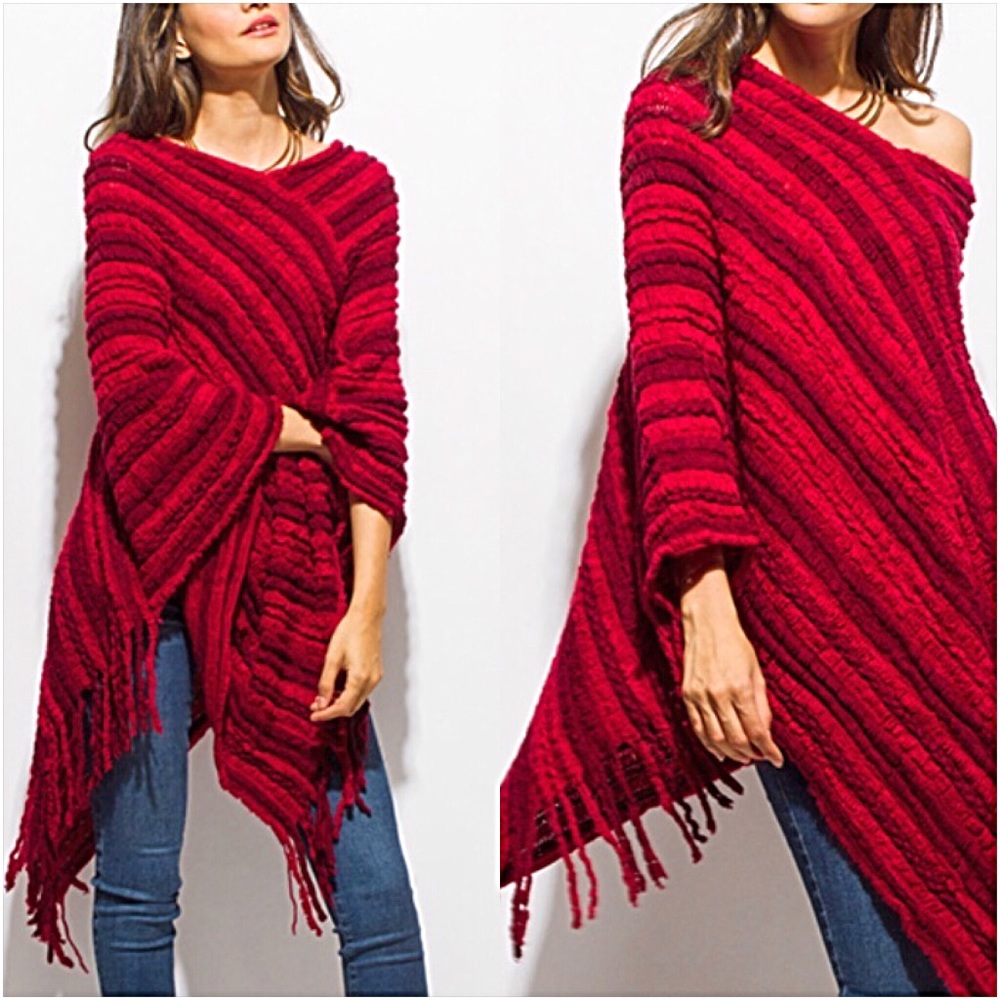 Red Boho Fringe Fuzzy Sweater Poncho O/S - Picture 2 of 7